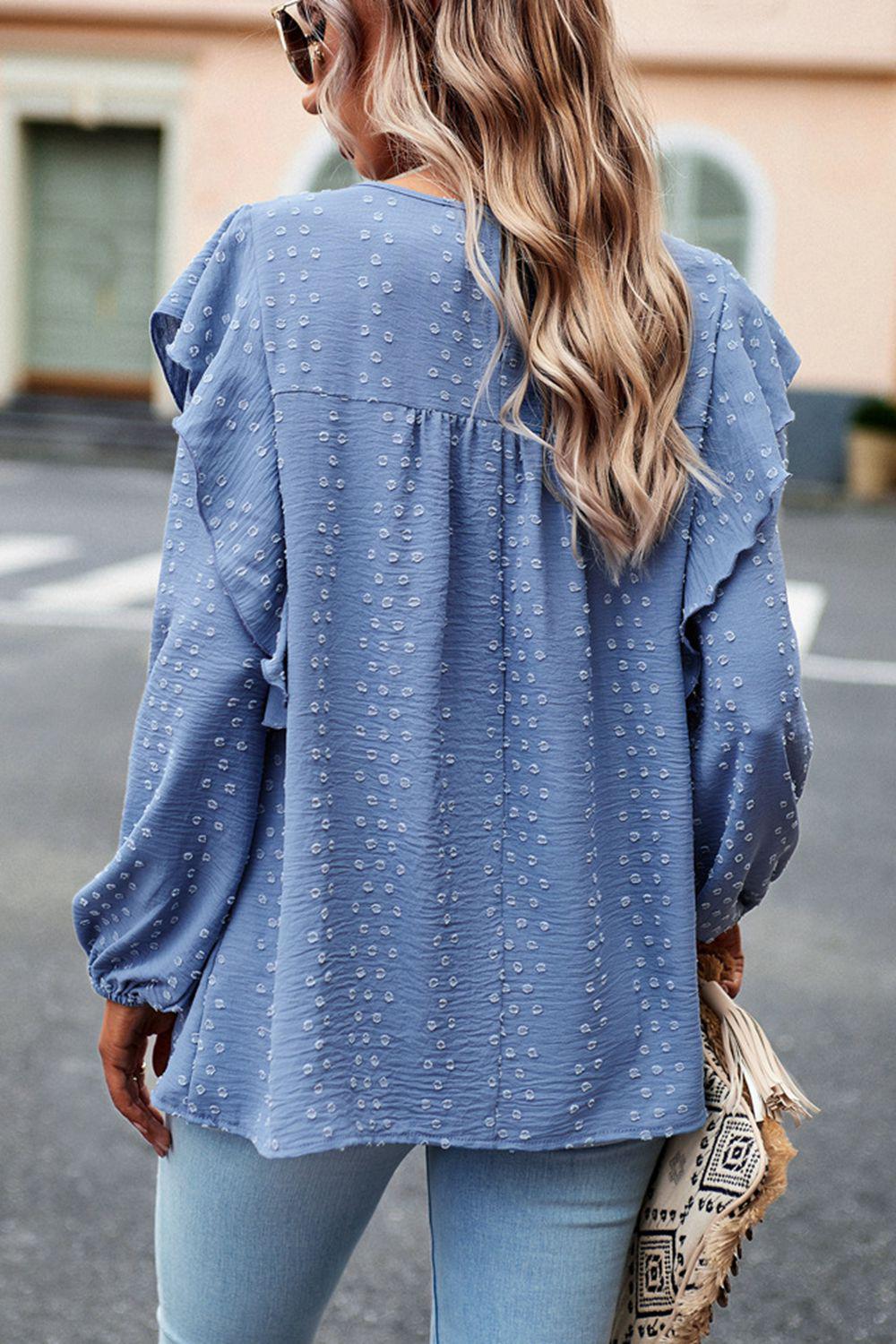 Ruffle Trim Balloon Sleeve Blouse BLUE ZONE PLANET