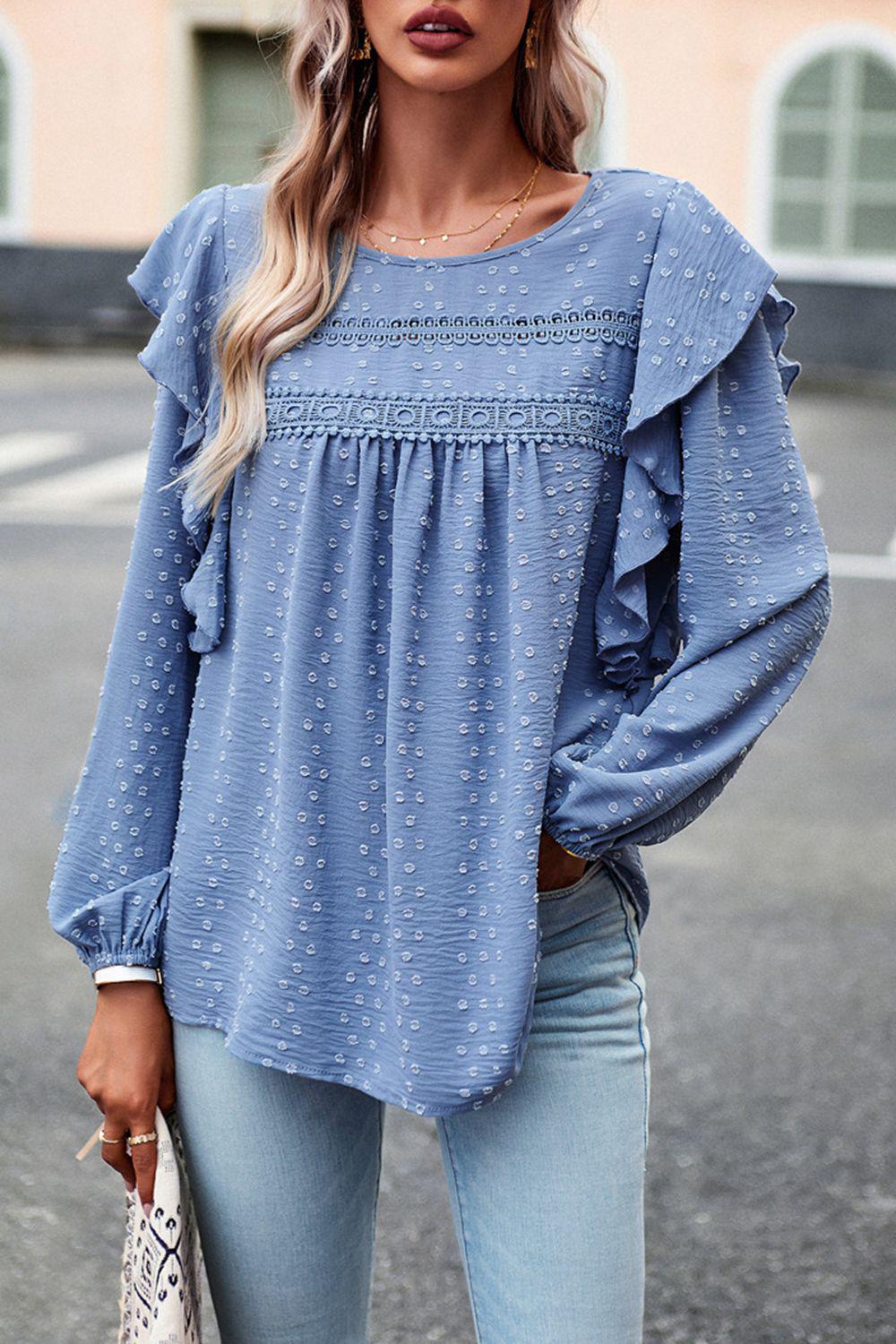 Ruffle Trim Balloon Sleeve Blouse BLUE ZONE PLANET