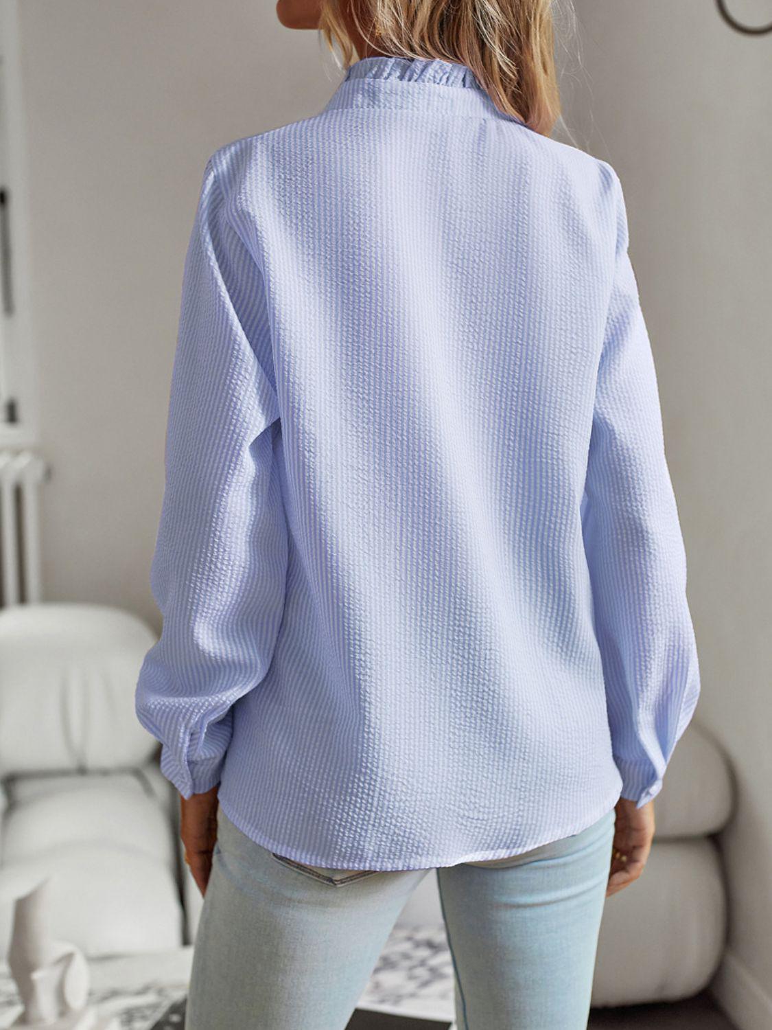 Ruffle Trim Long Sleeve Shirt BLUE ZONE PLANET