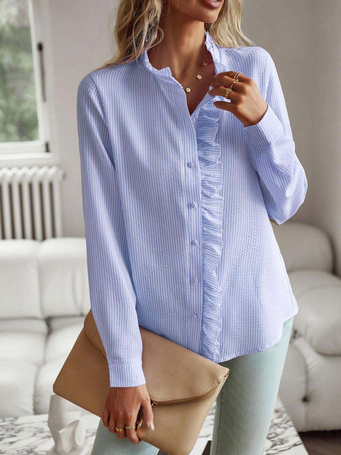 Ruffle Trim Long Sleeve Shirt BLUE ZONE PLANET