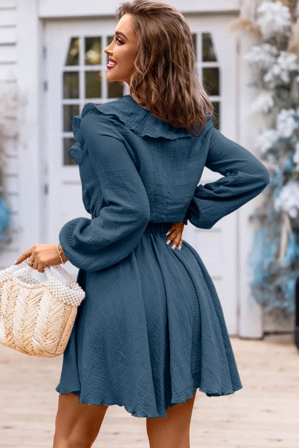 Ruffle Trim V-Neck Long Sleeve Mini Dress BLUE ZONE PLANET