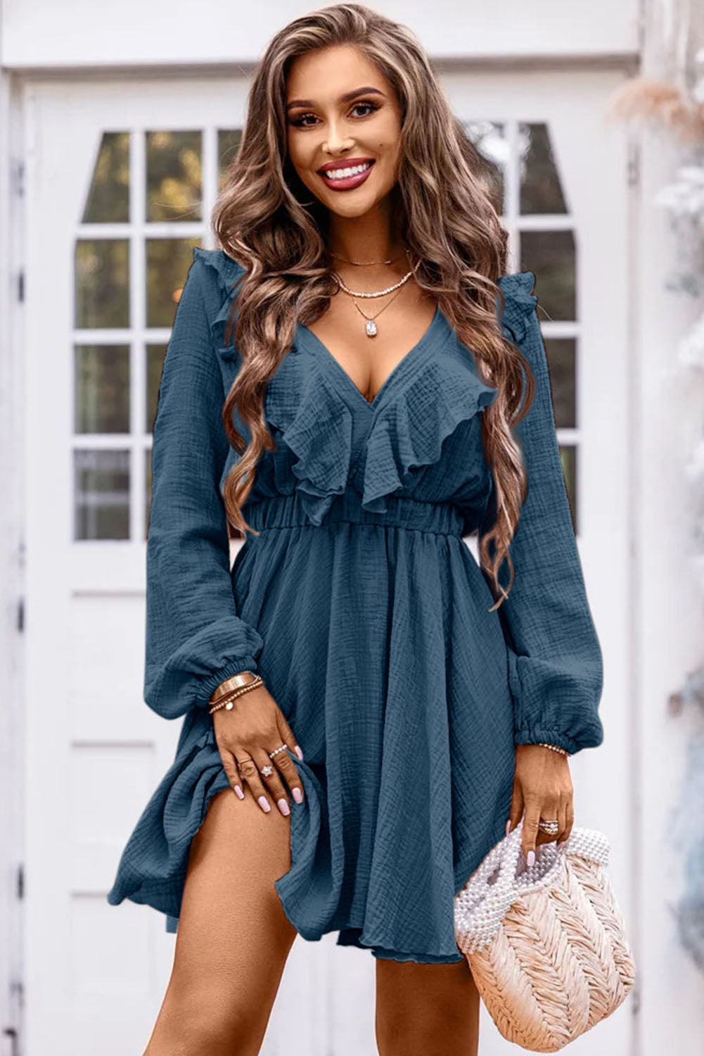 Ruffle Trim V-Neck Long Sleeve Mini Dress BLUE ZONE PLANET