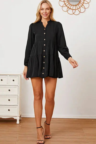 Ruffled Button Up Long Sleeve Tiered Shirt BLUE ZONE PLANET