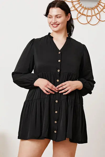 Ruffled Button Up Long Sleeve Tiered Shirt BLUE ZONE PLANET