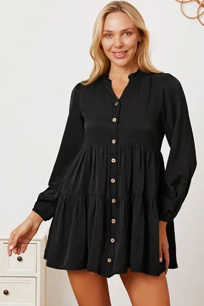 Ruffled Button Up Long Sleeve Tiered Shirt BLUE ZONE PLANET