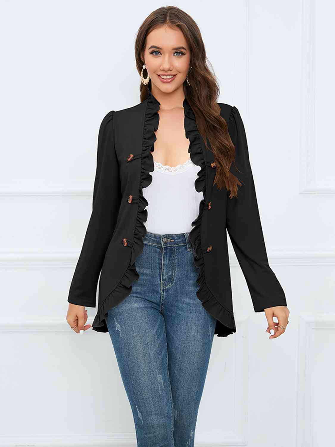 Ruffled Long Sleeve Blazer BLUE ZONE PLANET