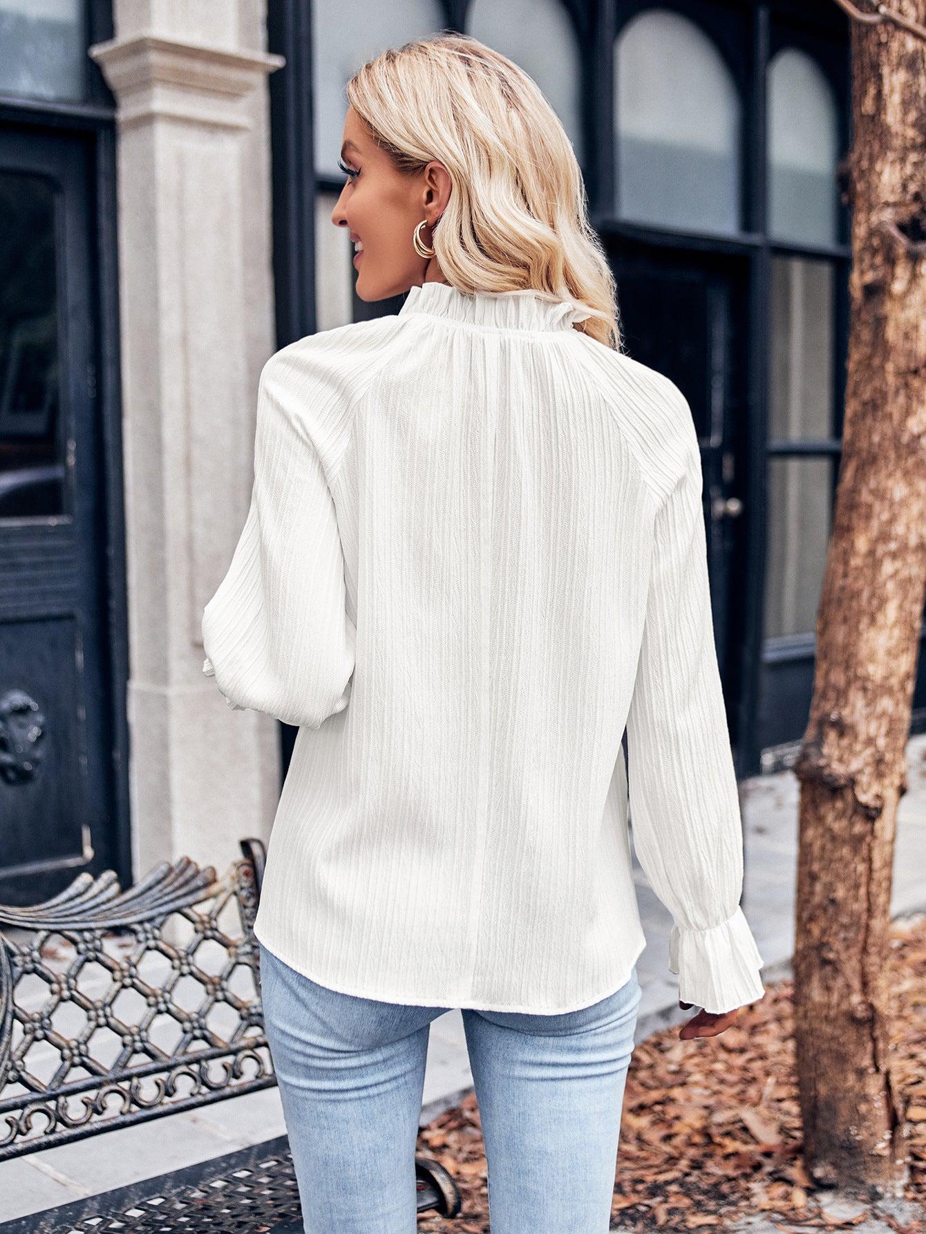 Ruffled Mock Neck Flounce Sleeve Blouse BLUE ZONE PLANET