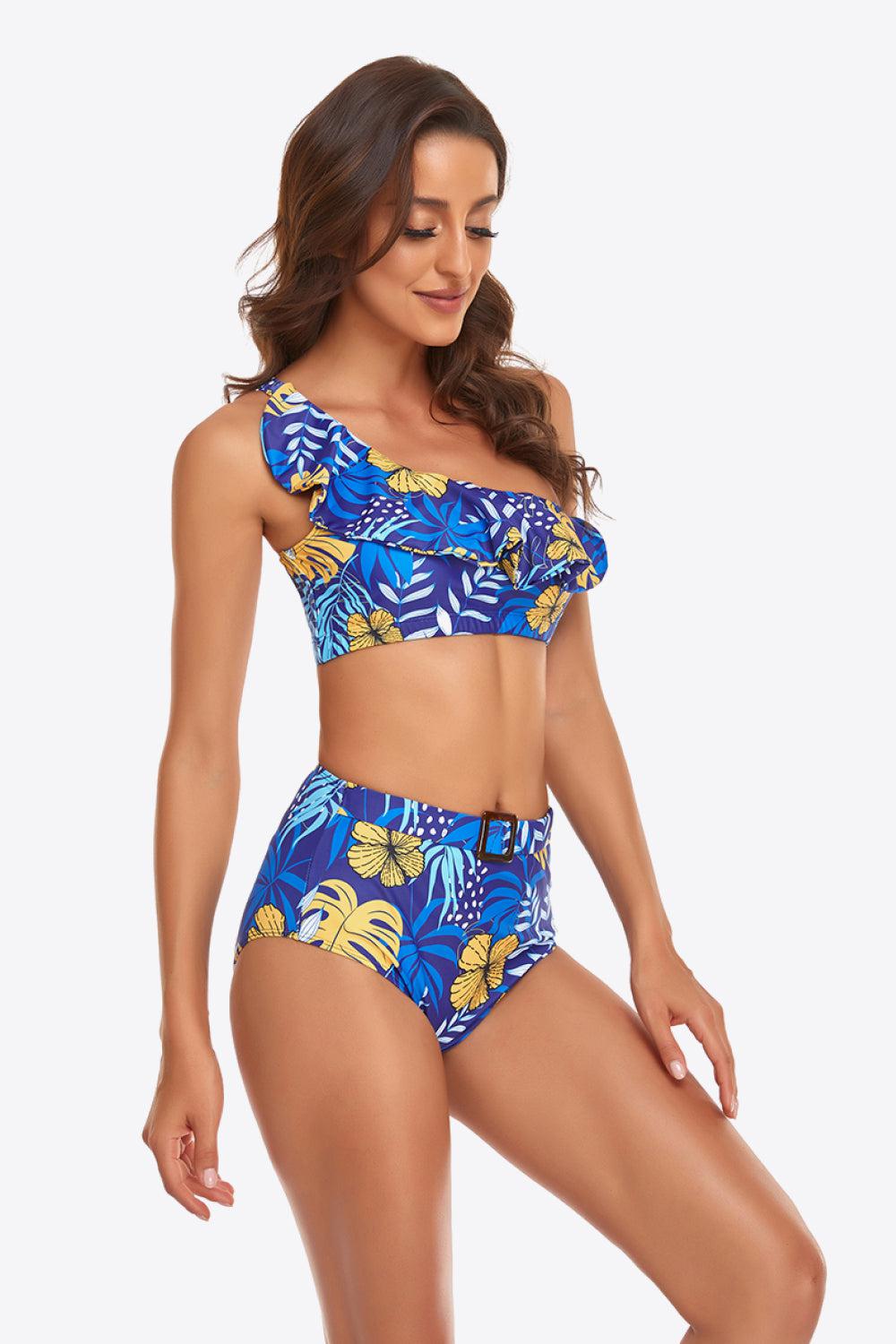 Ruffled One-Shoulder Buckled Bikini Set BLUE ZONE PLANET