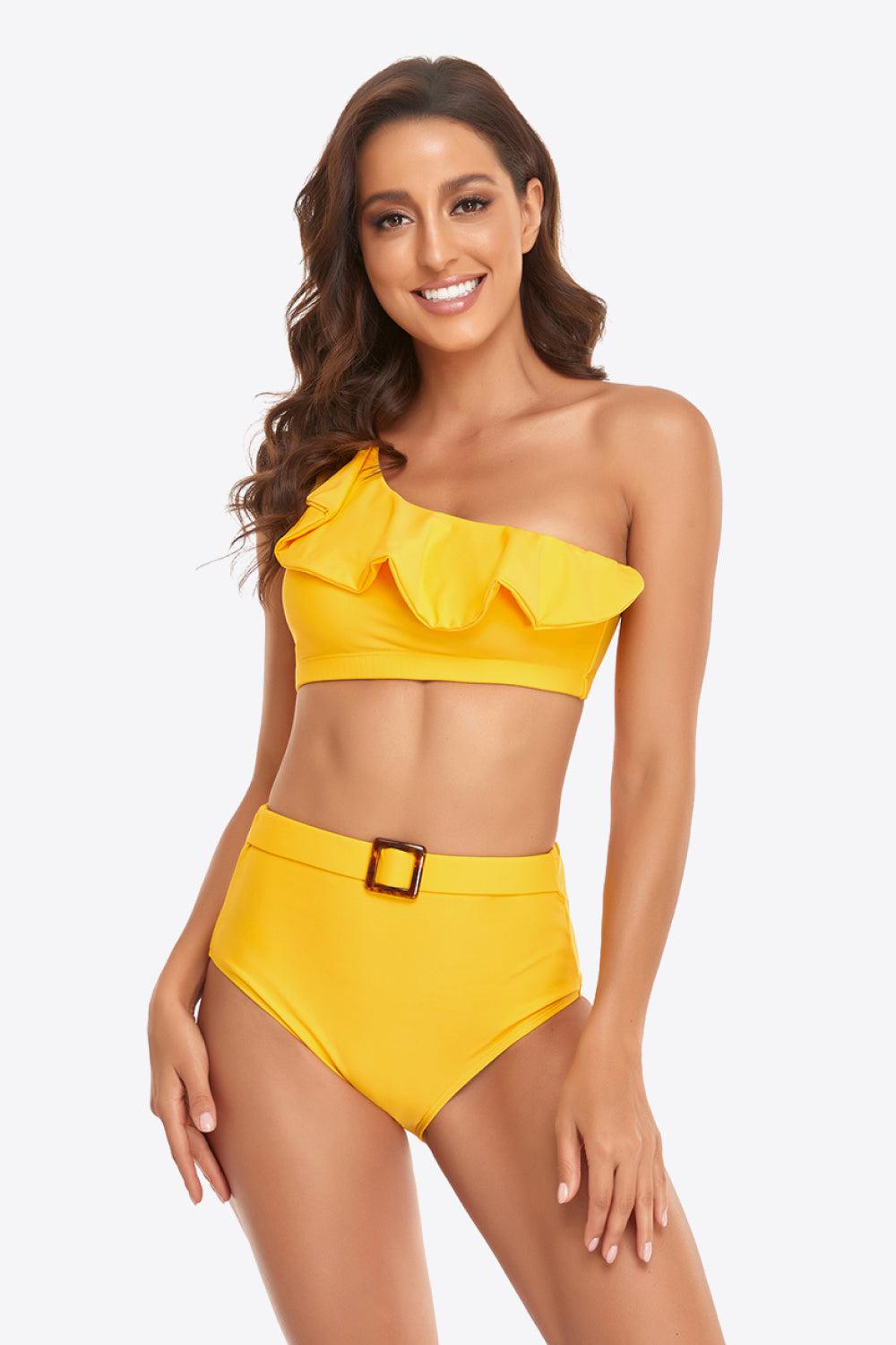 Ruffled One-Shoulder Buckled Bikini Set BLUE ZONE PLANET