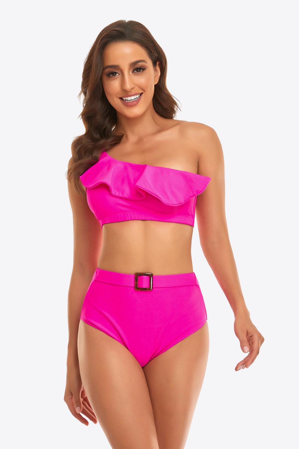 Ruffled One-Shoulder Buckled Bikini Set BLUE ZONE PLANET