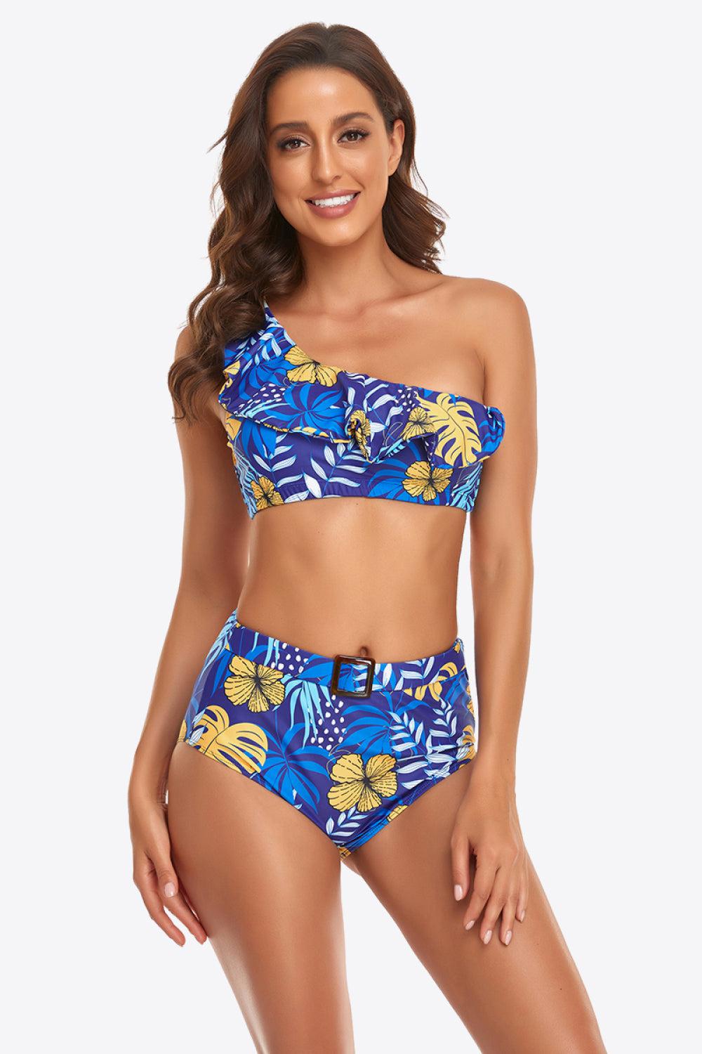 Ruffled One-Shoulder Buckled Bikini Set BLUE ZONE PLANET