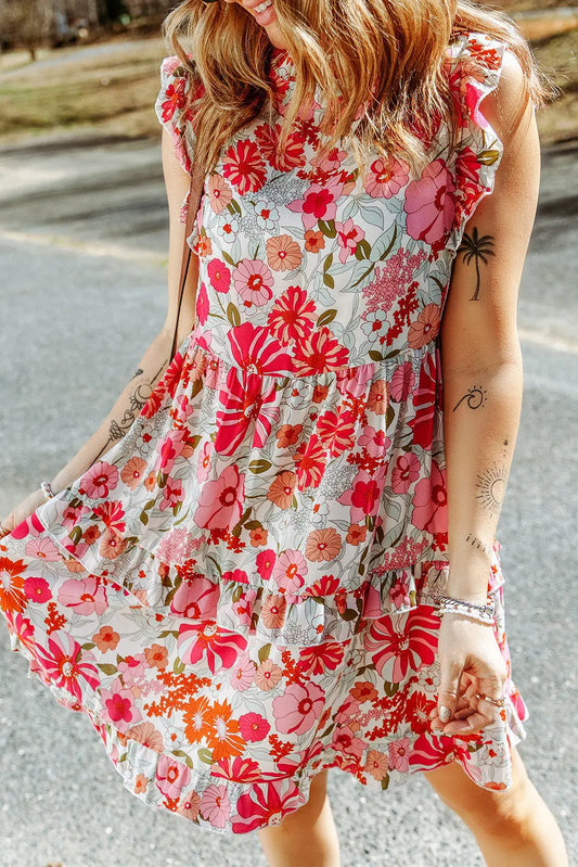 Ruffled Printed Mock Neck Dress Trendsi