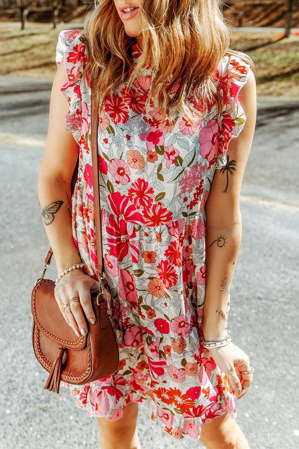 Ruffled Printed Mock Neck Dress Trendsi