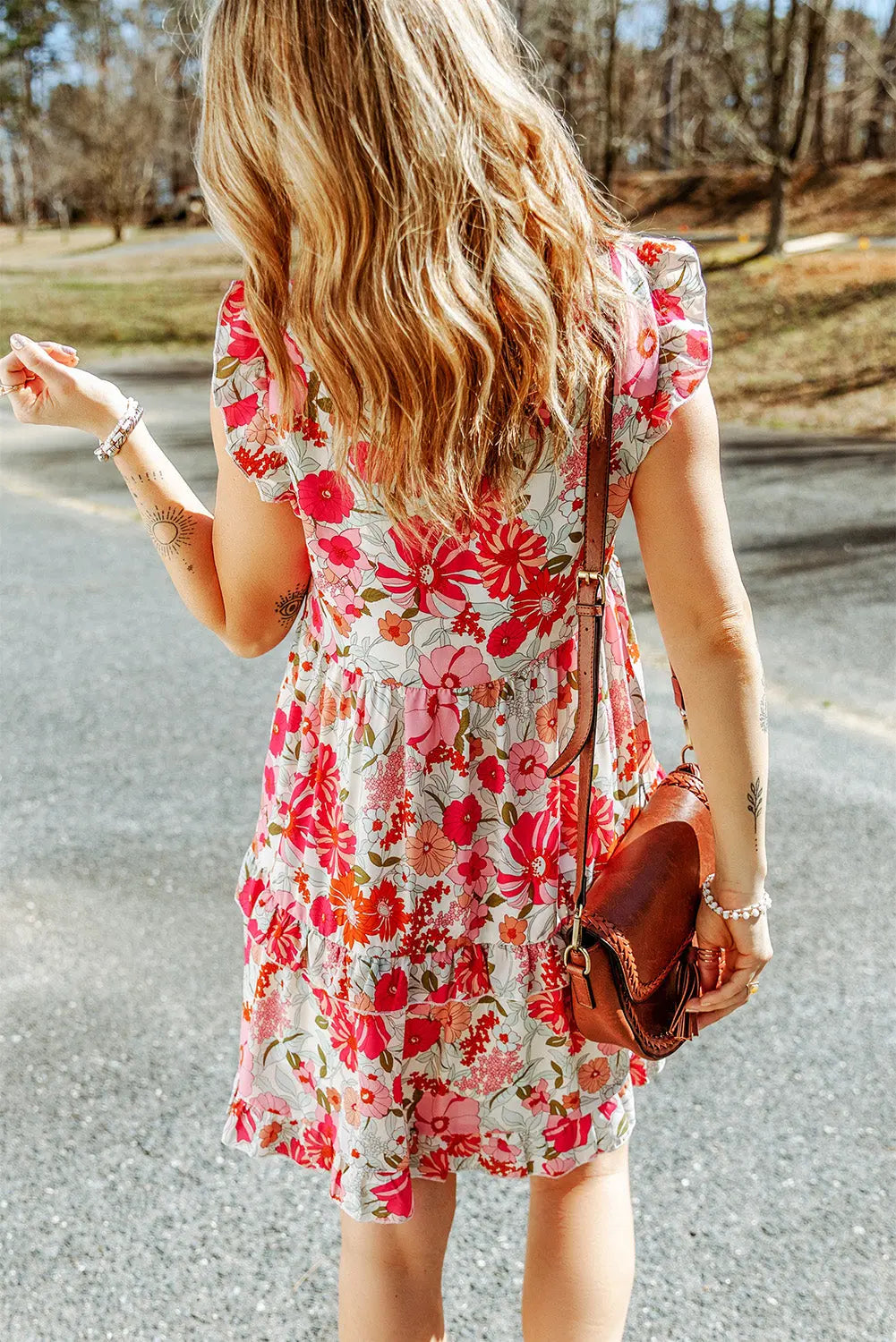 Ruffled Printed Mock Neck Dress Trendsi