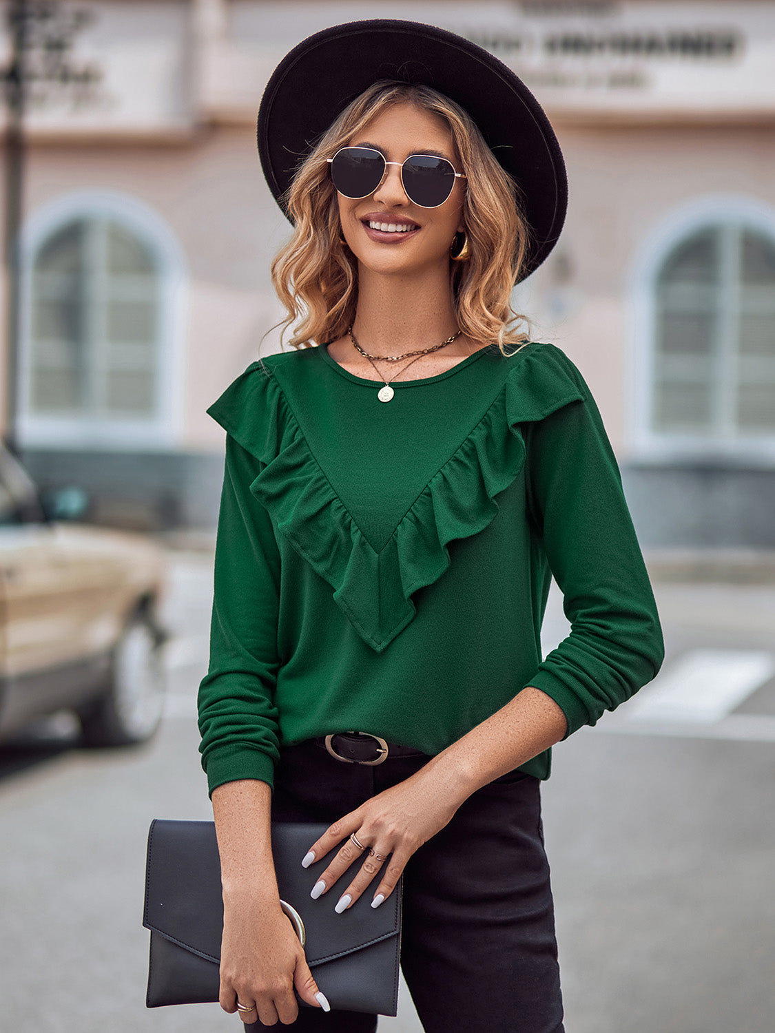 Ruffled Round Neck Long Sleeve Top BLUE ZONE PLANET