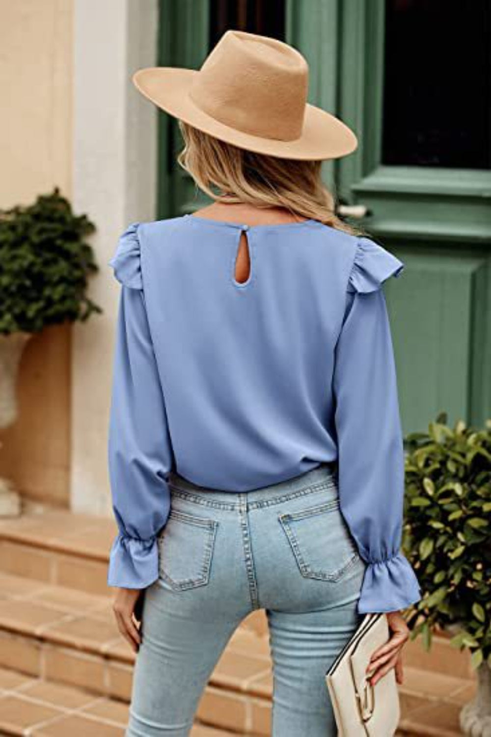 Ruffled Round Neck Long Sleeve Top BLUE ZONE PLANET