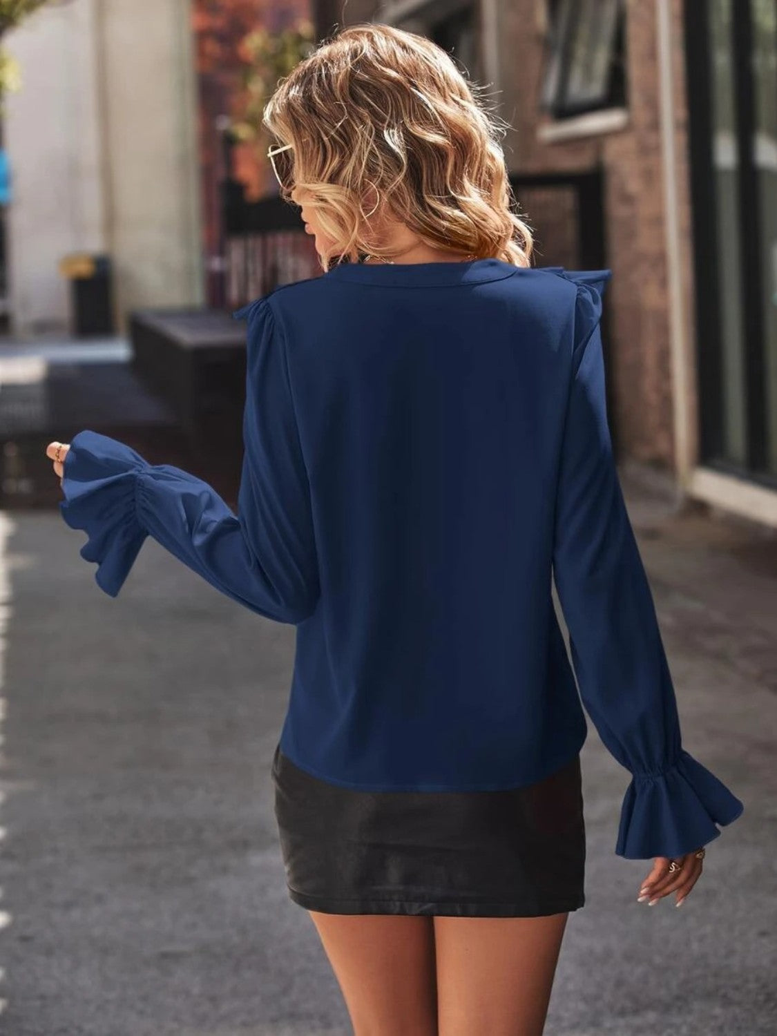 Ruffled V-Neck Flounce Sleeve Shirt BLUE ZONE PLANET