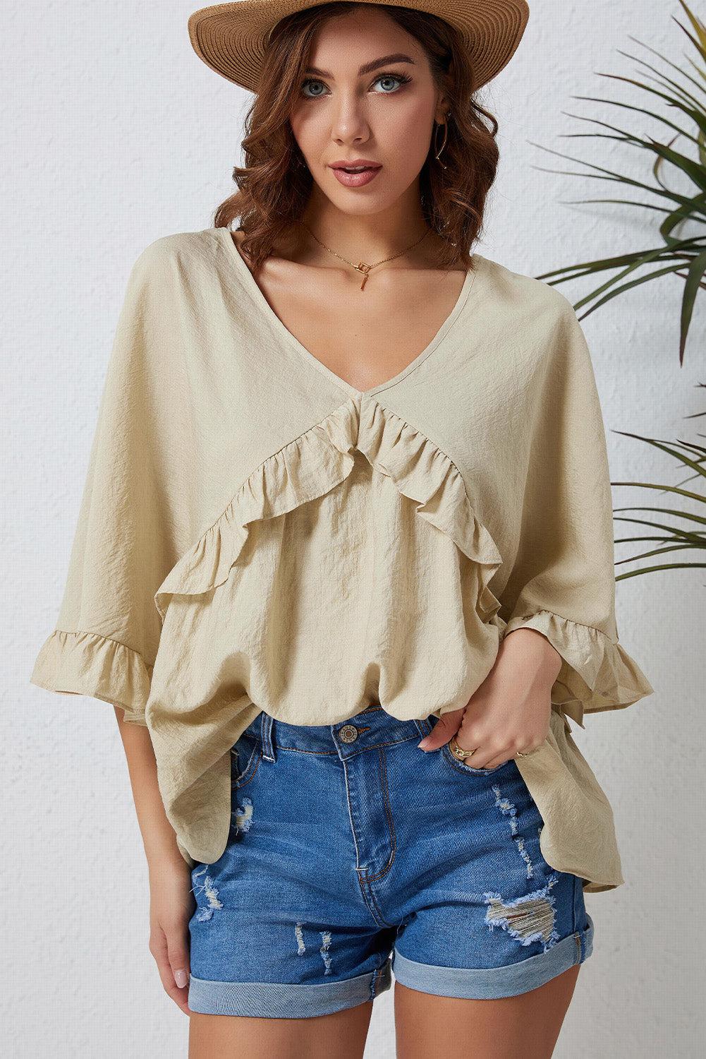 Ruffled V-Neck Half Sleeve Blouse BLUE ZONE PLANET