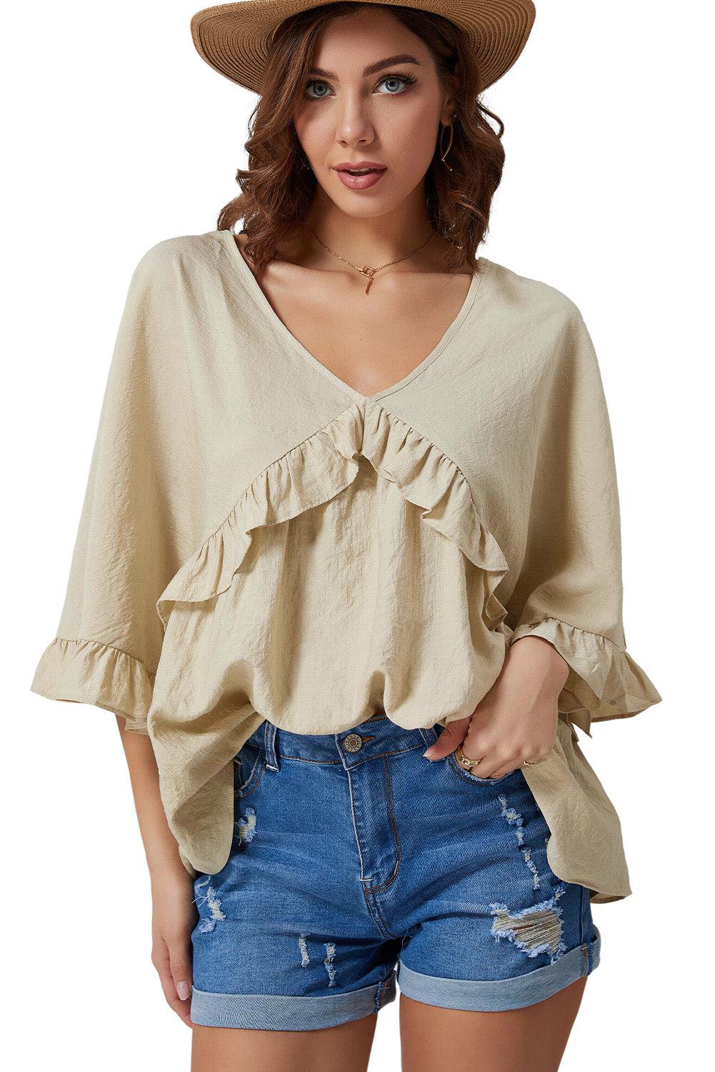 Ruffled V-Neck Half Sleeve Blouse BLUE ZONE PLANET