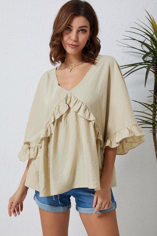 Ruffled V-Neck Half Sleeve Blouse BLUE ZONE PLANET