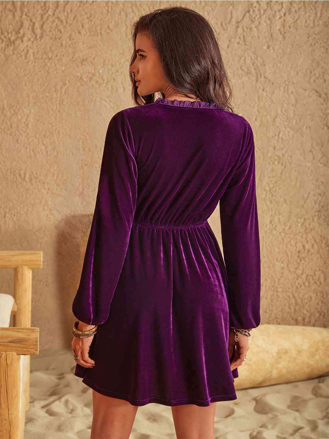 Ruffled V-Neck Long Sleeve Dress BLUE ZONE PLANET