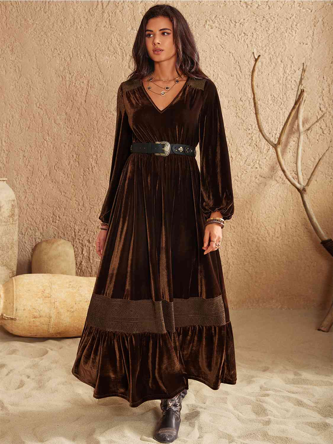 Ruffled V-Neck Long Sleeve Dress BLUE ZONE PLANET