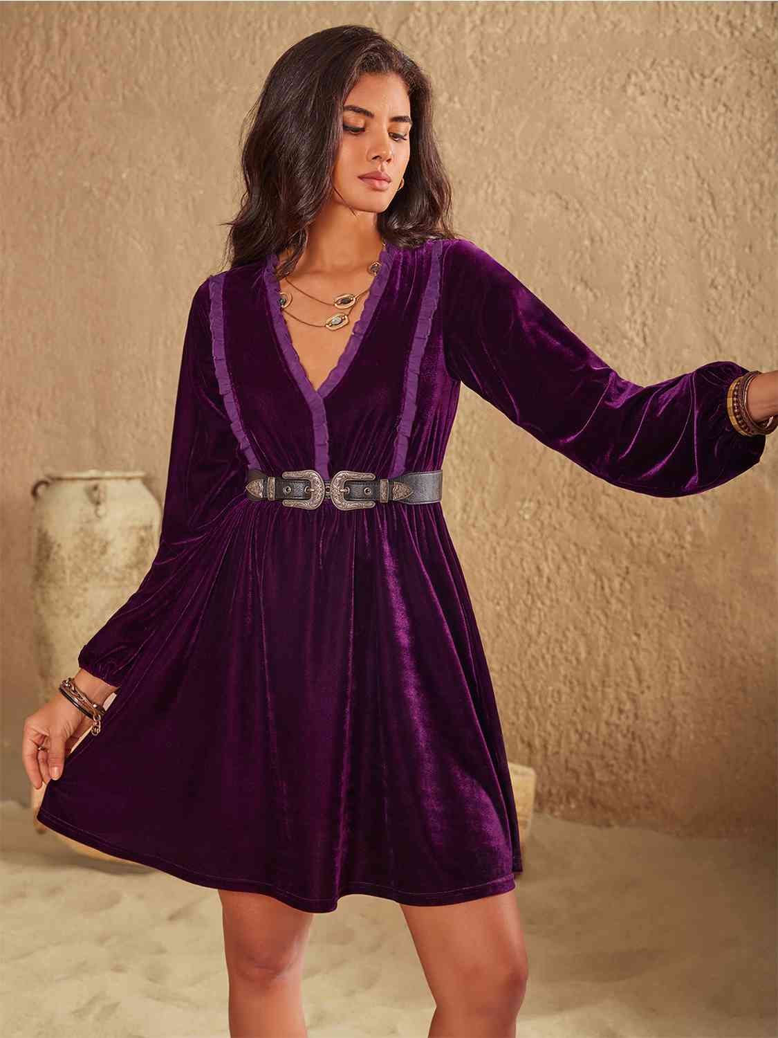 Ruffled V-Neck Long Sleeve Dress BLUE ZONE PLANET