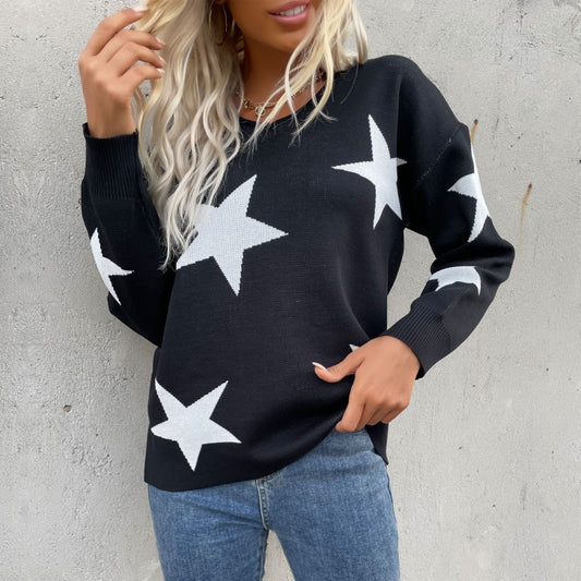 Blue Zone Planet | women's pentagram round neck long sleeve bottoming knitted sweater-TOPS / DRESSES-[Adult]-[Female]-Black-S-2022 Online Blue Zone Planet