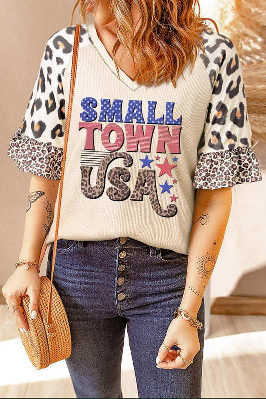 SMALL TOWN USA Graphic Leopard V-Neck Top BLUE ZONE PLANET