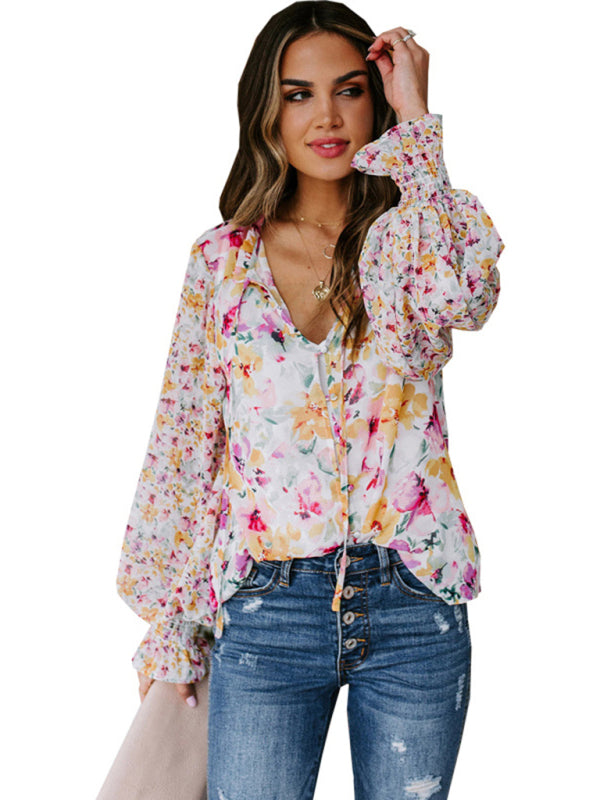 Blue Zone Planet | Loose Floral Pattern Lantern Sleeve Top BLUE ZONE PLANET