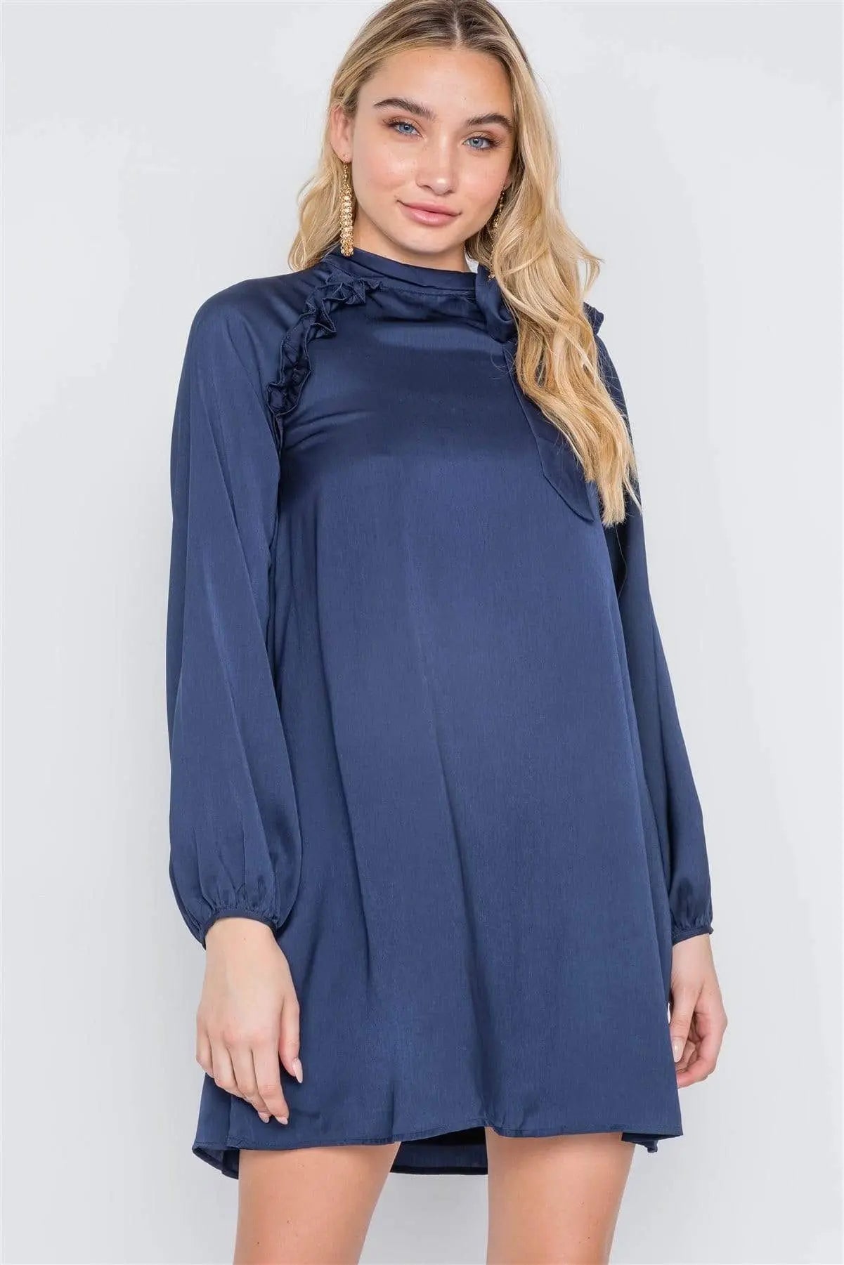 Satin Long Sleeve Side-tie Mini Dress Blue Zone Planet