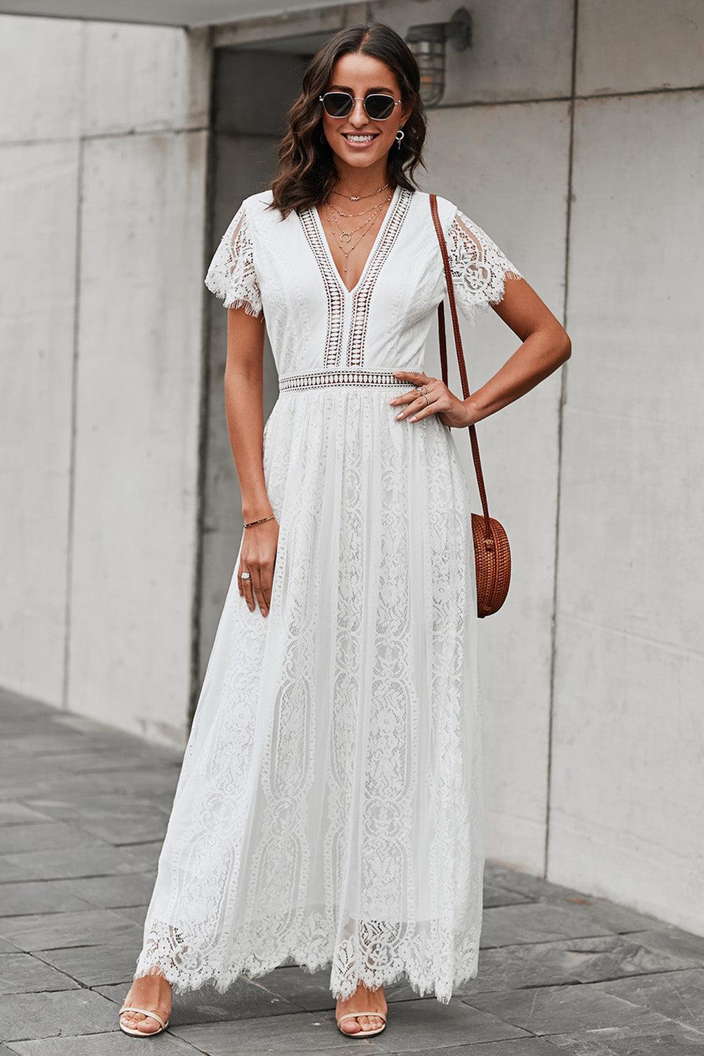 Scalloped Trim Lace Plunge Dress BLUE ZONE PLANET