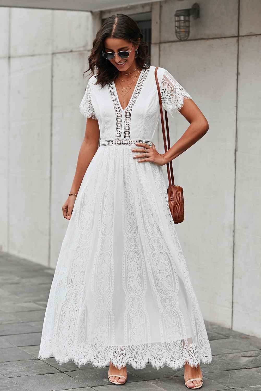 Scalloped Trim Lace Plunge Dress BLUE ZONE PLANET