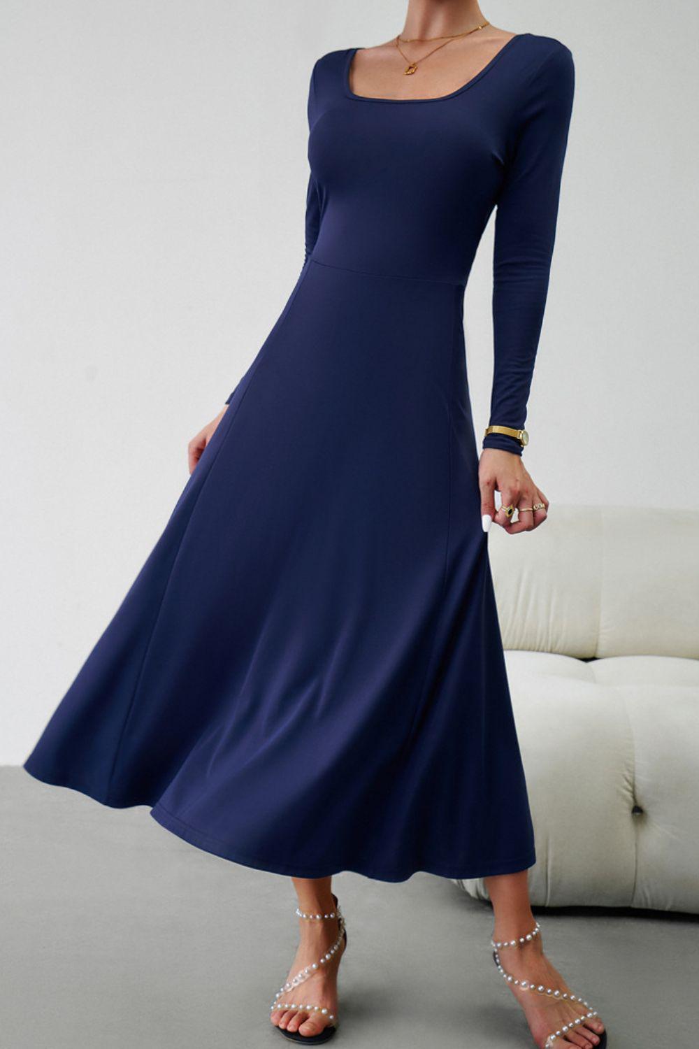 Scoop Neck Long Sleeve Lace-Up Maxi Dress BLUE ZONE PLANET