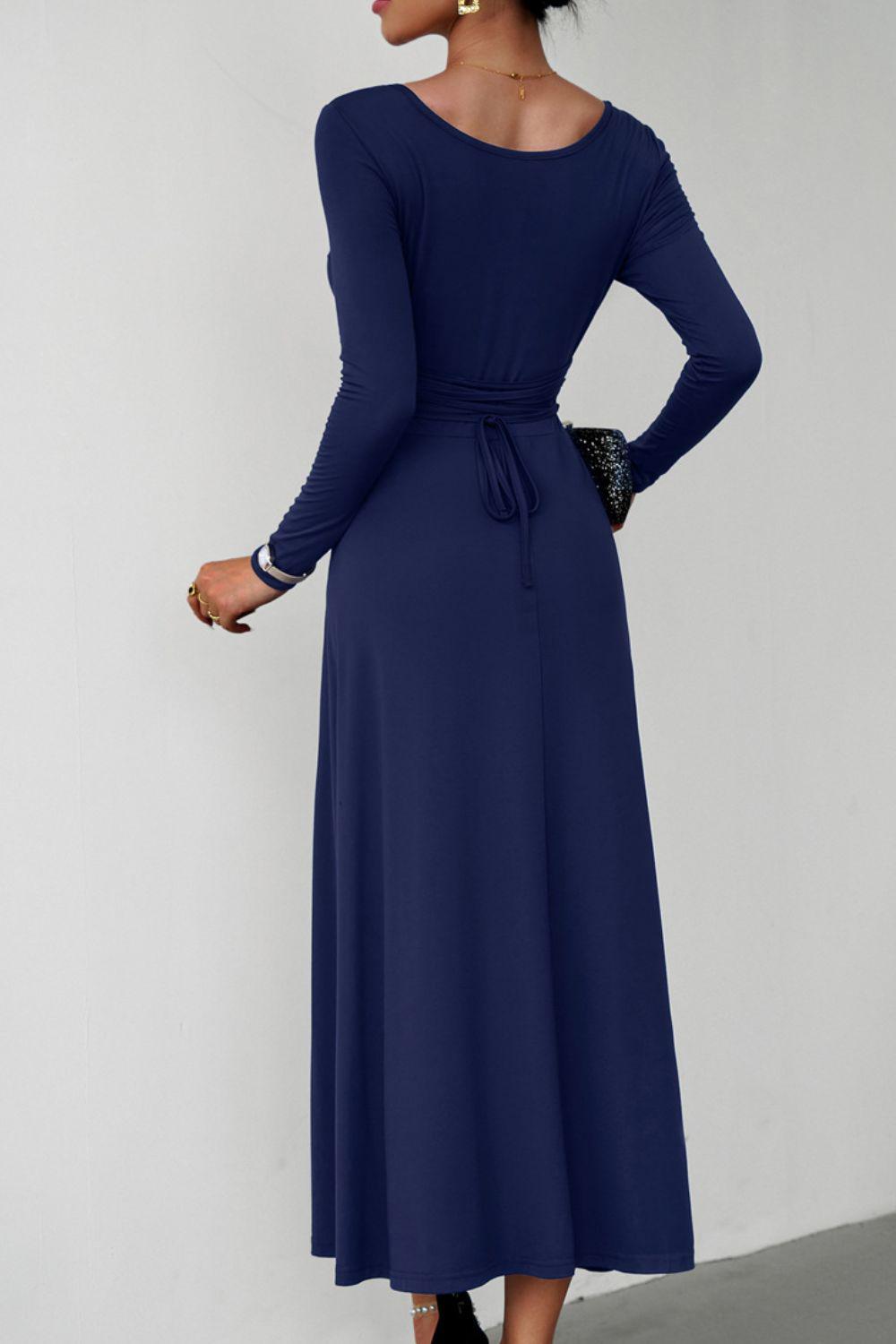 Scoop Neck Long Sleeve Lace-Up Maxi Dress BLUE ZONE PLANET