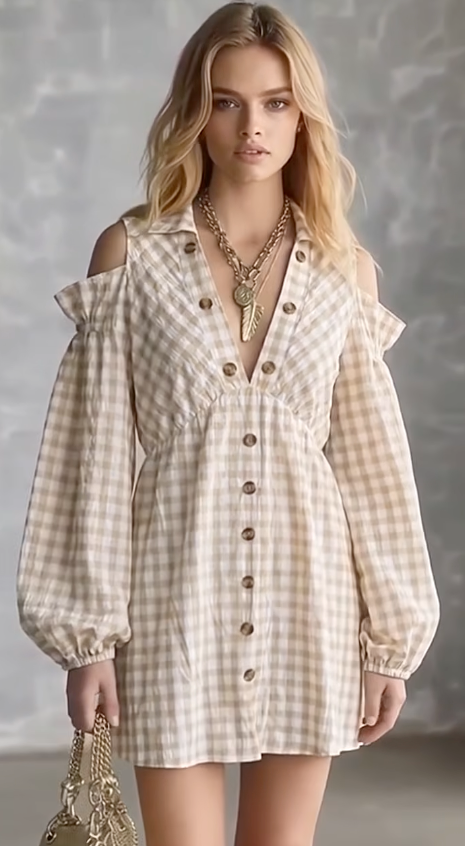 Bella's Gingham Cold-Shoulder Mini Dress-TOPS / DRESSES-[Adult]-[Female]-Khaki Color-S-2022 Online Blue Zone Planet