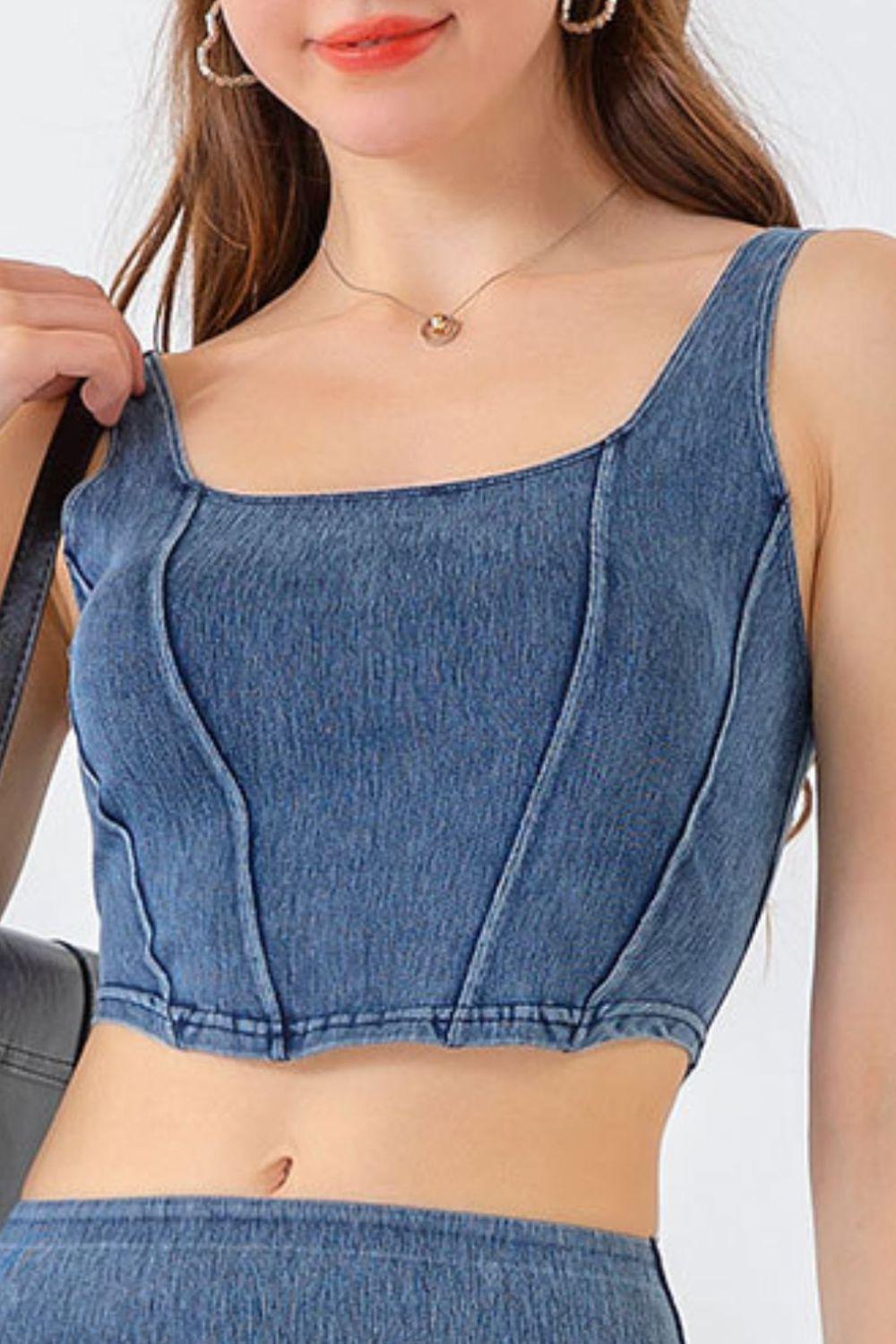 Seam Detail Cropped Denim Tank BLUE ZONE PLANET