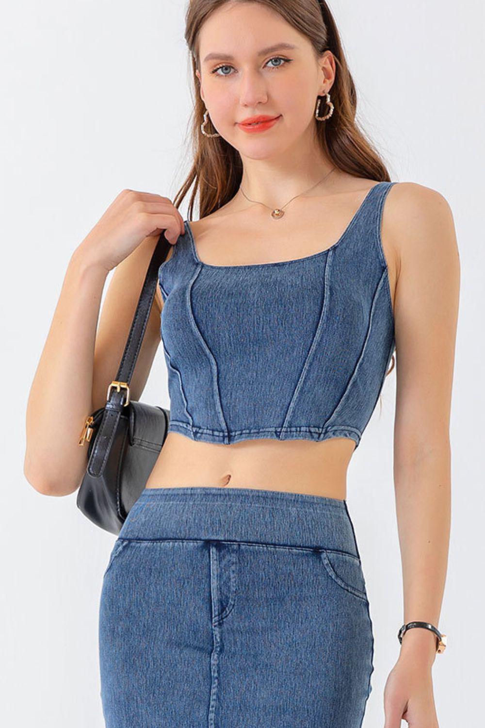 Seam Detail Cropped Denim Tank BLUE ZONE PLANET