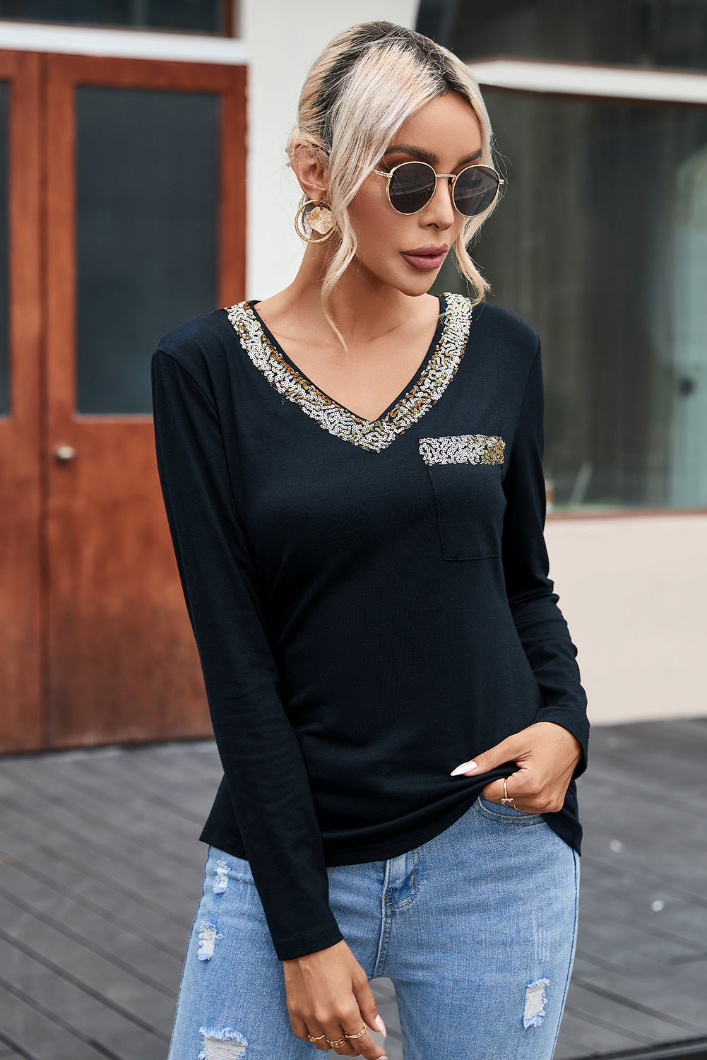 Sequin Contrast Long Sleeve T-Shirt BLUE ZONE PLANET