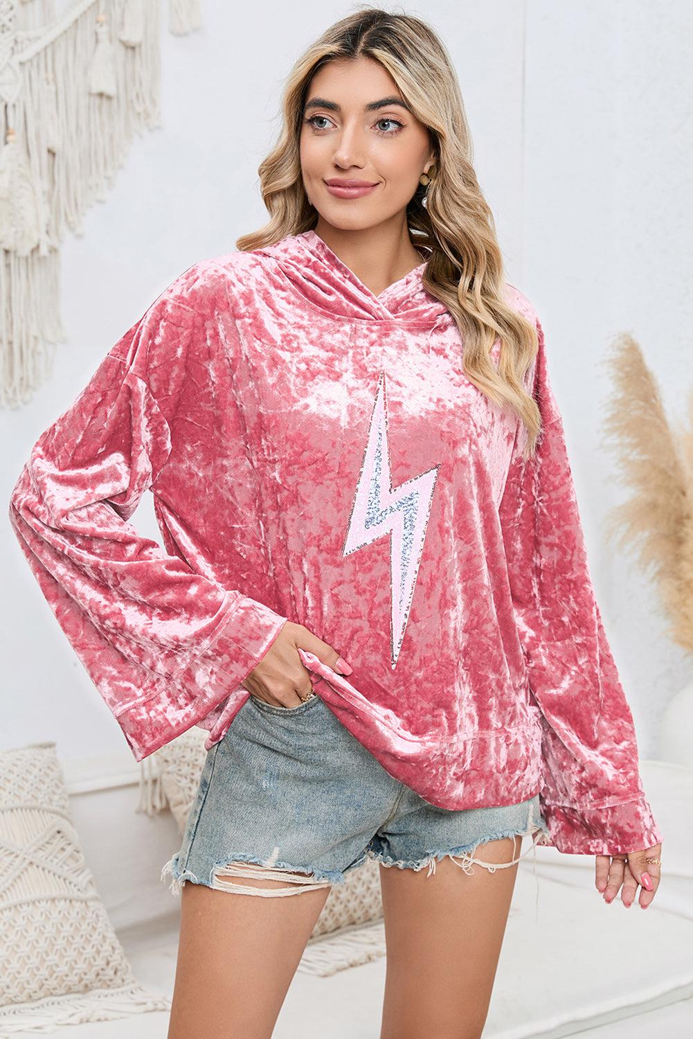 Sequin Flash Pattern Long Sleeve Dropped Shoulder Oversized Hoodie BLUE ZONE PLANET