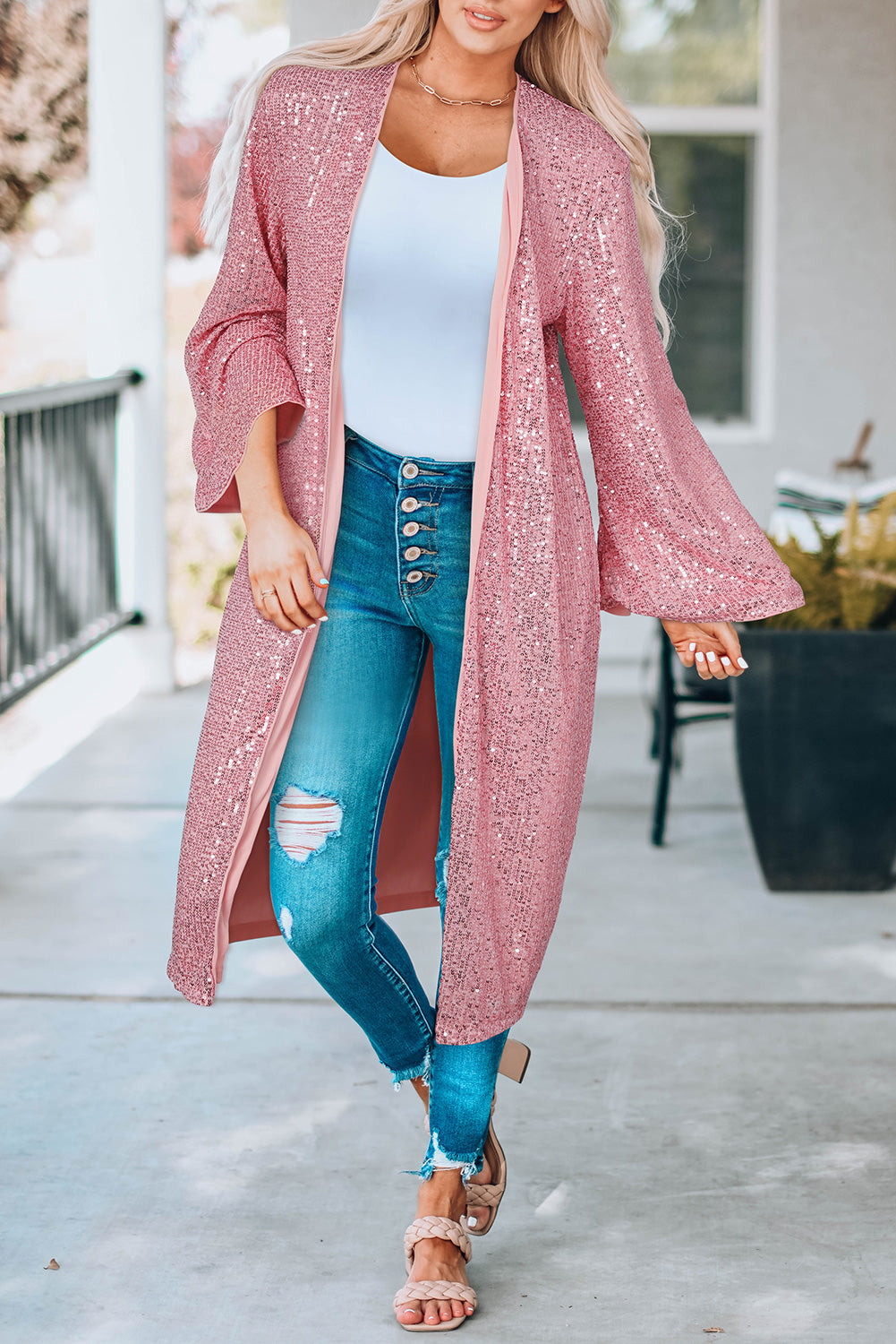 Sequin Open Front Duster Cardigan BLUE ZONE PLANET