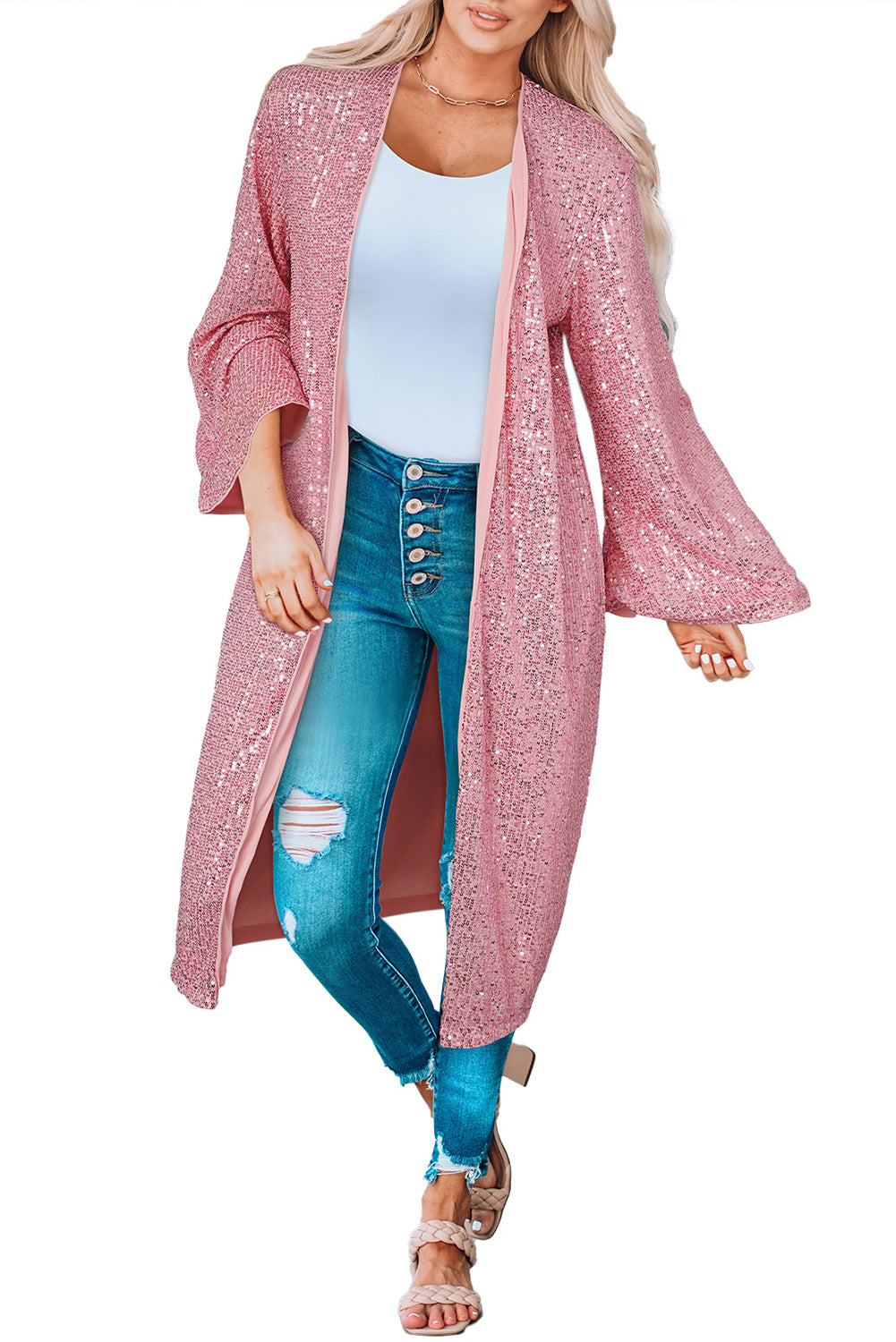 Sequin Open Front Duster Cardigan BLUE ZONE PLANET