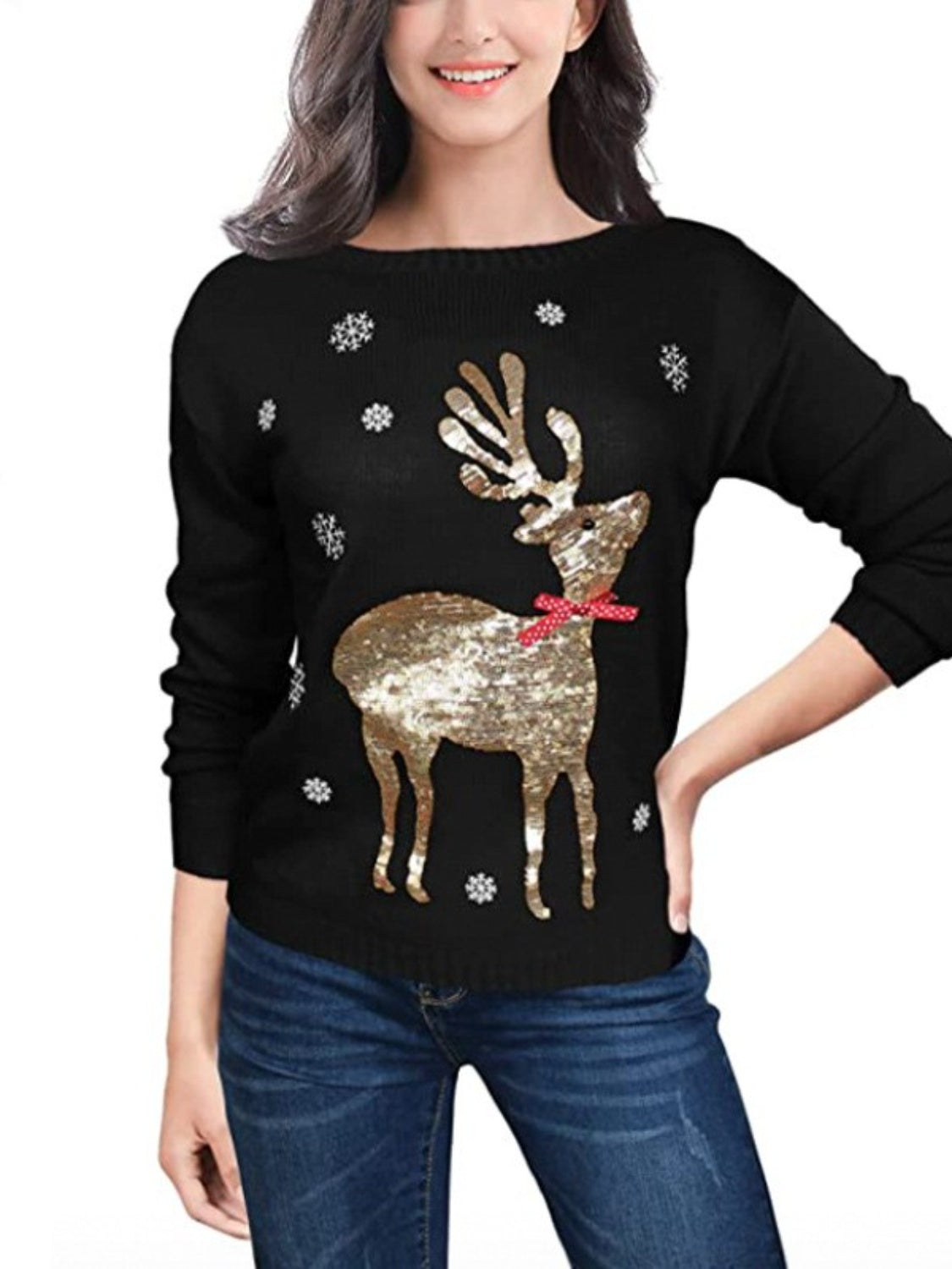 Sequin Reindeer Graphic Sweater BLUE ZONE PLANET