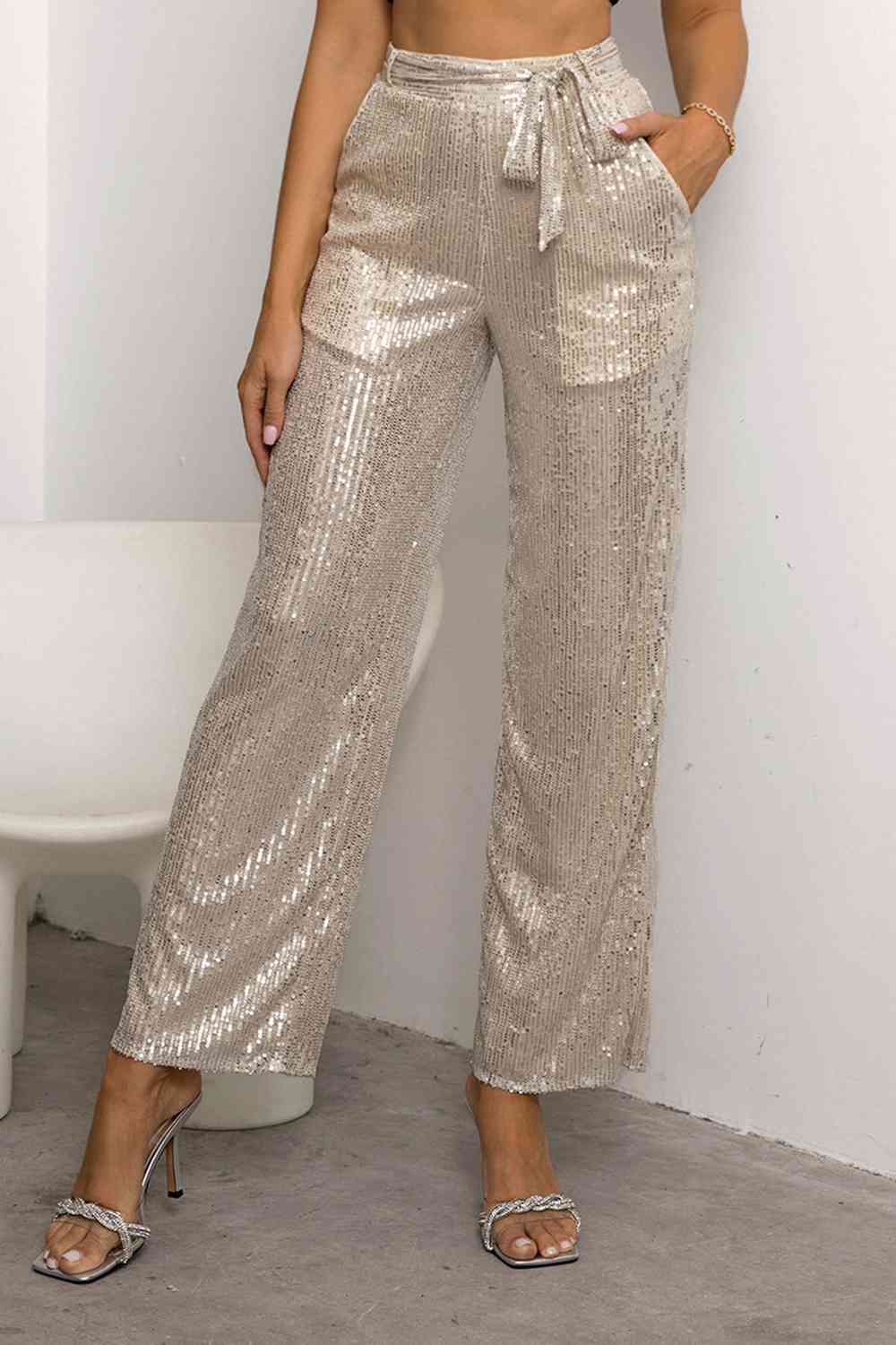 Sequin Tie Waist Straight Leg Pants BLUE ZONE PLANET