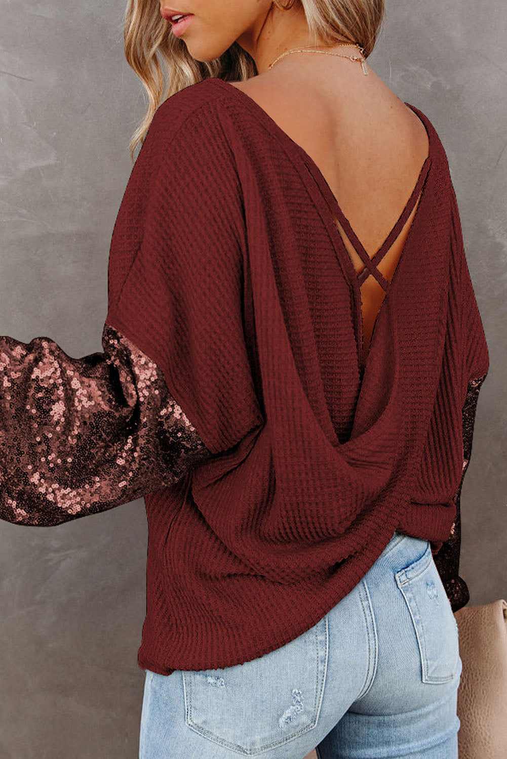 Sequin Waffle-Knit Blouse BLUE ZONE PLANET