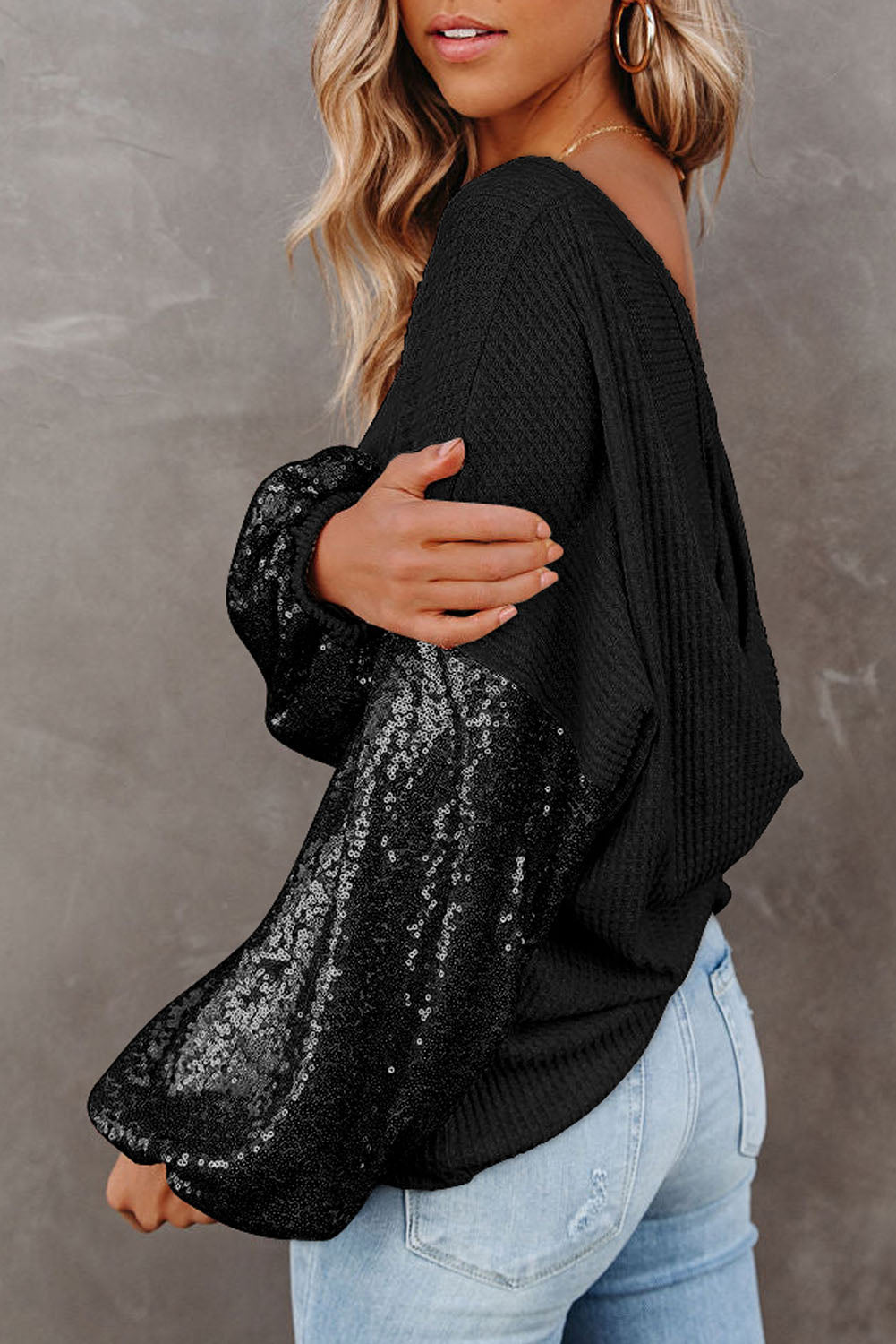 Sequin Waffle-Knit Blouse BLUE ZONE PLANET