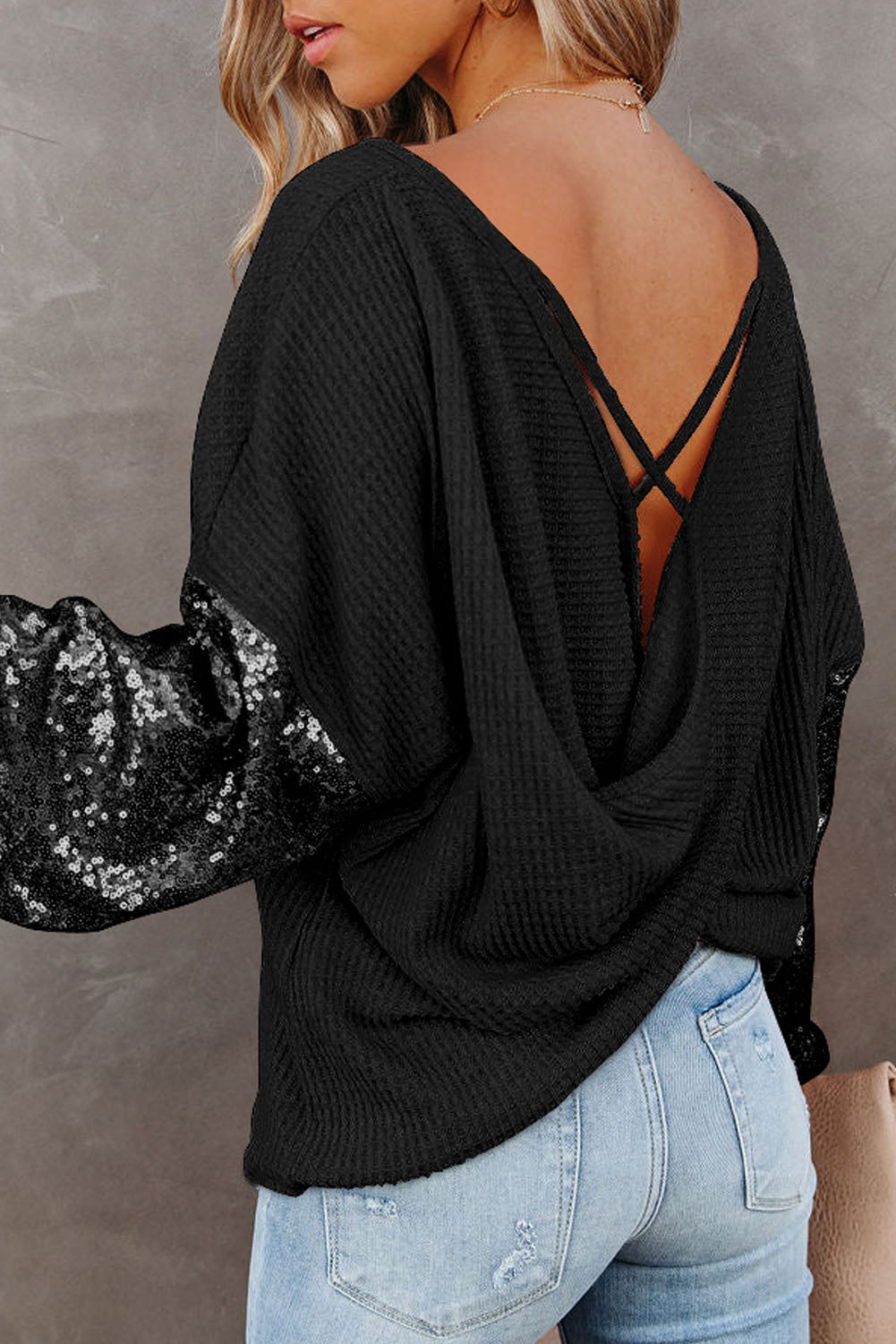 Sequin Waffle-Knit Blouse BLUE ZONE PLANET