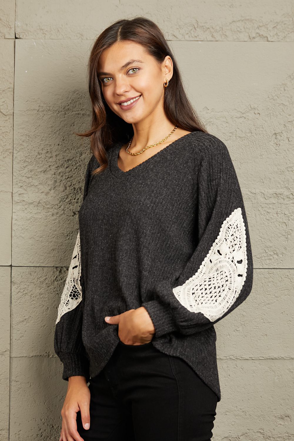 Sew In Love Full Size Lace Patch Detail Sweater-TOPS / DRESSES-[Adult]-[Female]-2022 Online Blue Zone Planet