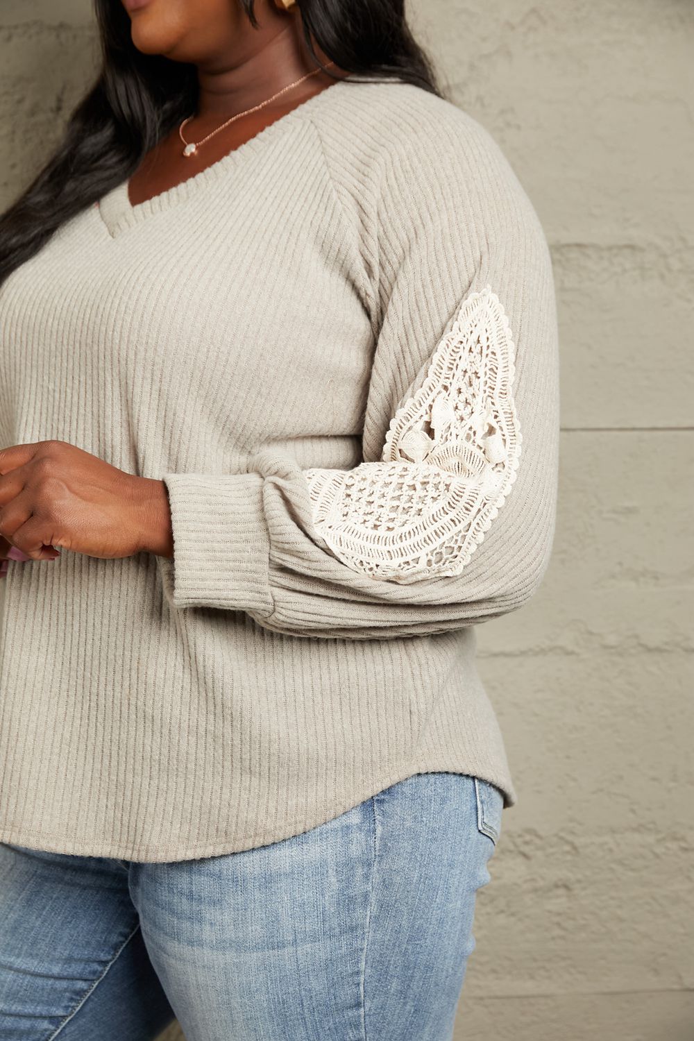 Sew In Love Full Size Lace Patch Detail Sweater BLUE ZONE PLANET