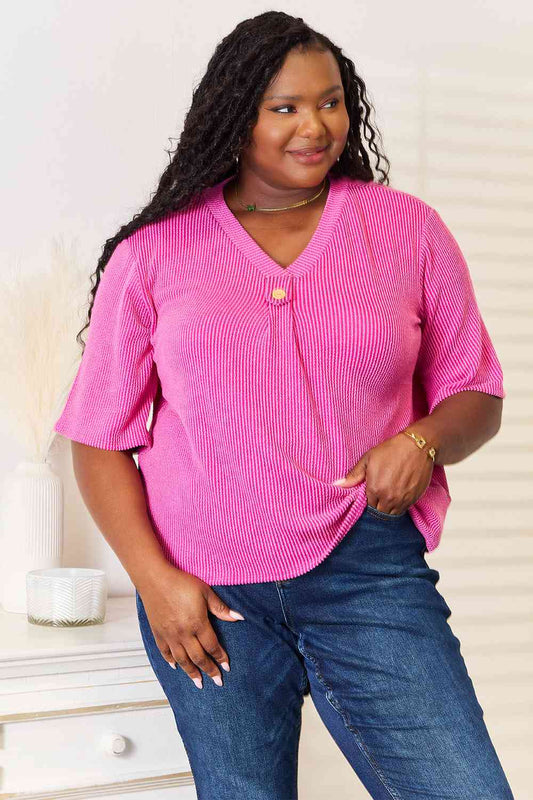 Sew In Love Full Size Ribbed V-Neck Short Sleeve Top BLUE ZONE PLANET